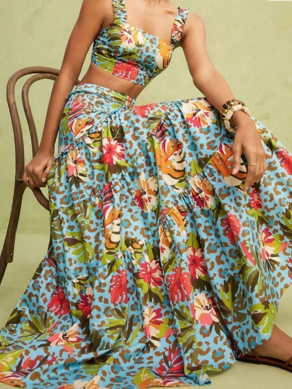 Multicolor Boho Women's Tropical Leopard Floral Cami Crop Top & Skirt Set